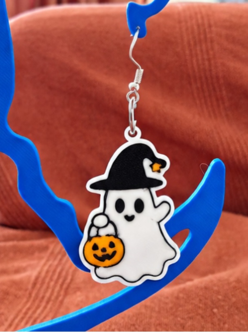Cute White Ghost Halloween Earring with Black Hat and Orange Pumpkin